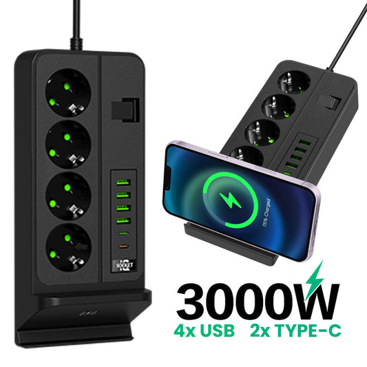 Multiprise 3000W 4 Prises, 4 Ports USB, 2 Ports Type-C avec Charge Sans Fil – مقبس طاقة مع شحن لاسلكي تنزوت