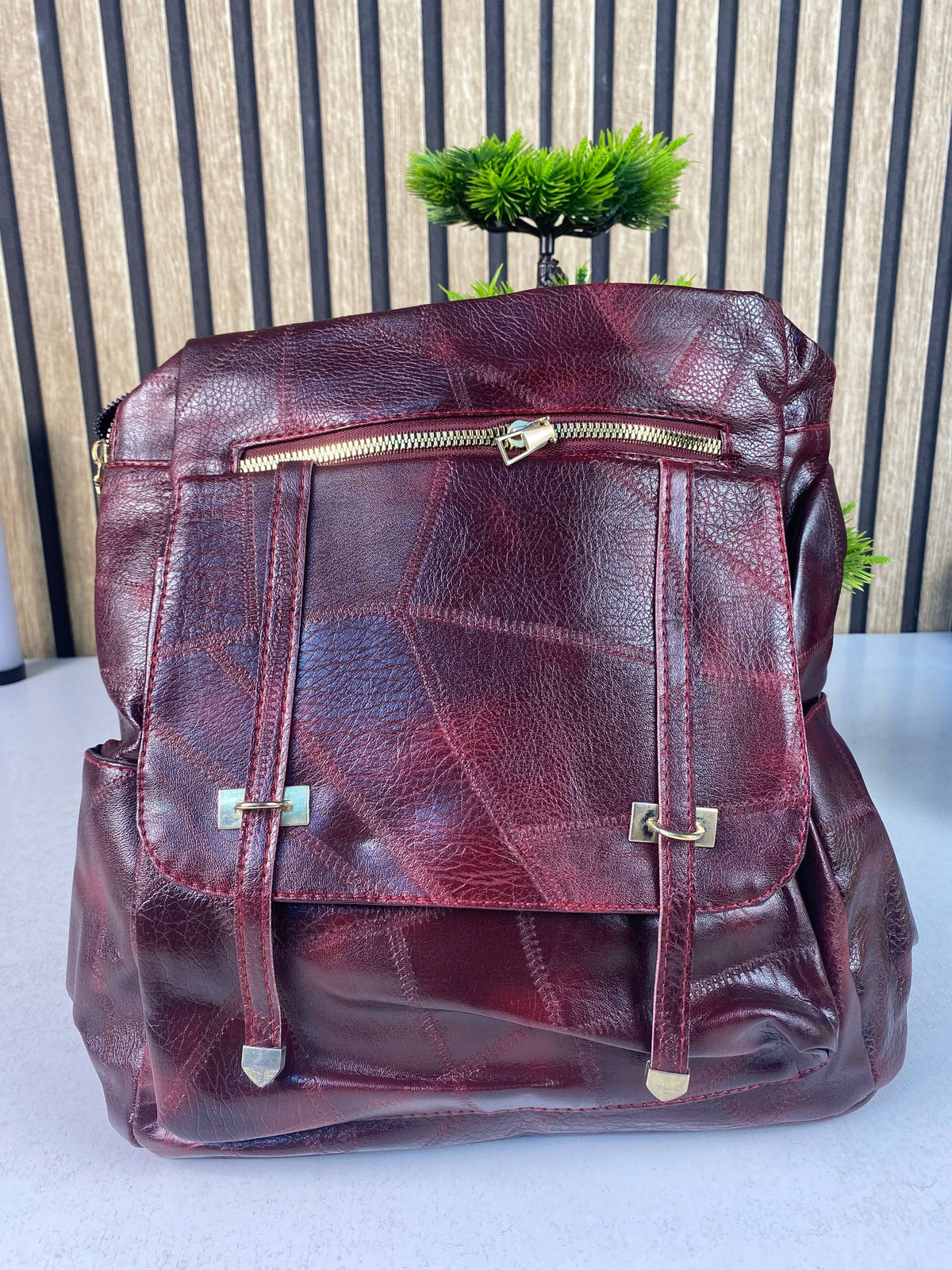 Sac à dos rétro en cuir synthétique pour femme Grenat - حقيبة ظهر نسائية من الجلد