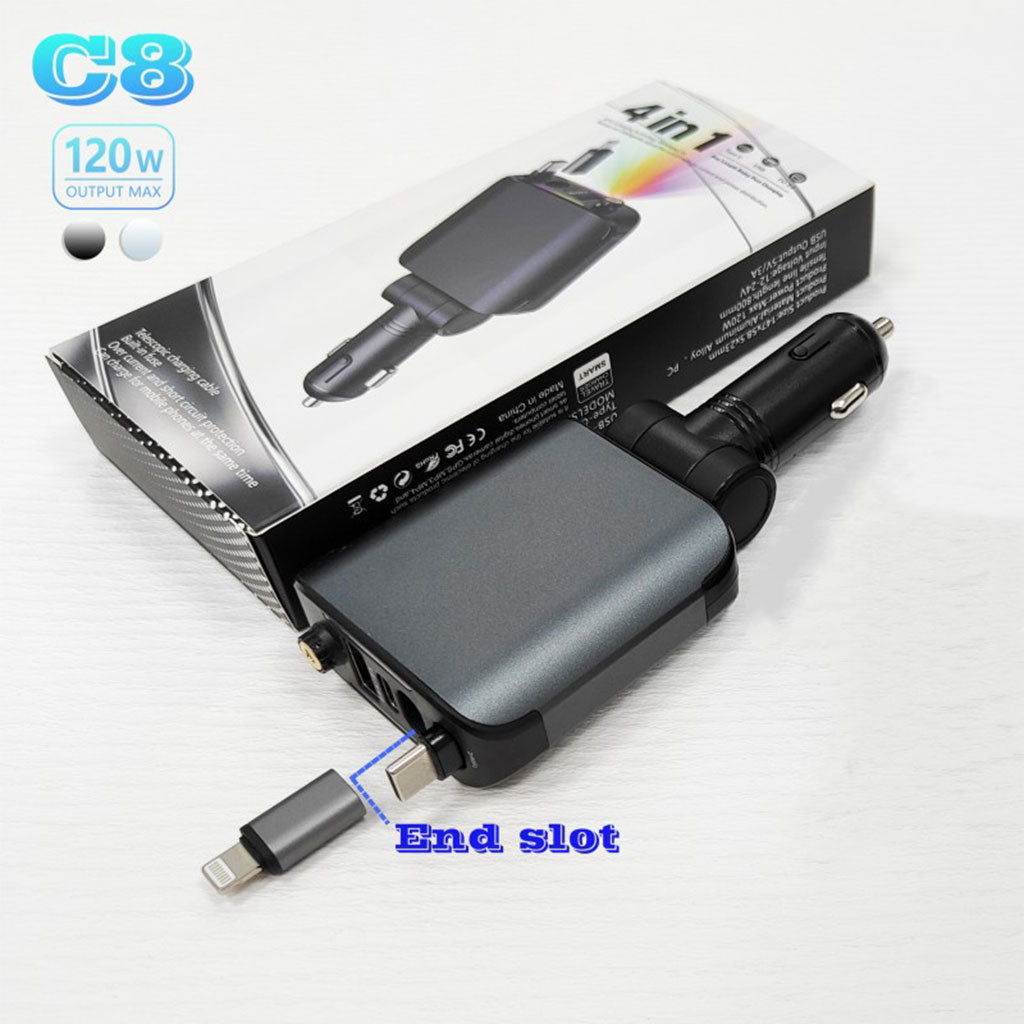 Chargeur Voiture 4en1 Rétractable 120W avec toit Starlight pour téléphones iOS et Android- شاحن سيارة متعدد المنافذ