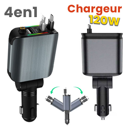 Chargeur Voiture 4en1 Rétractable 120W avec toit Starlight pour téléphones iOS et Android- شاحن سيارة متعدد المنافذ - تنزوت