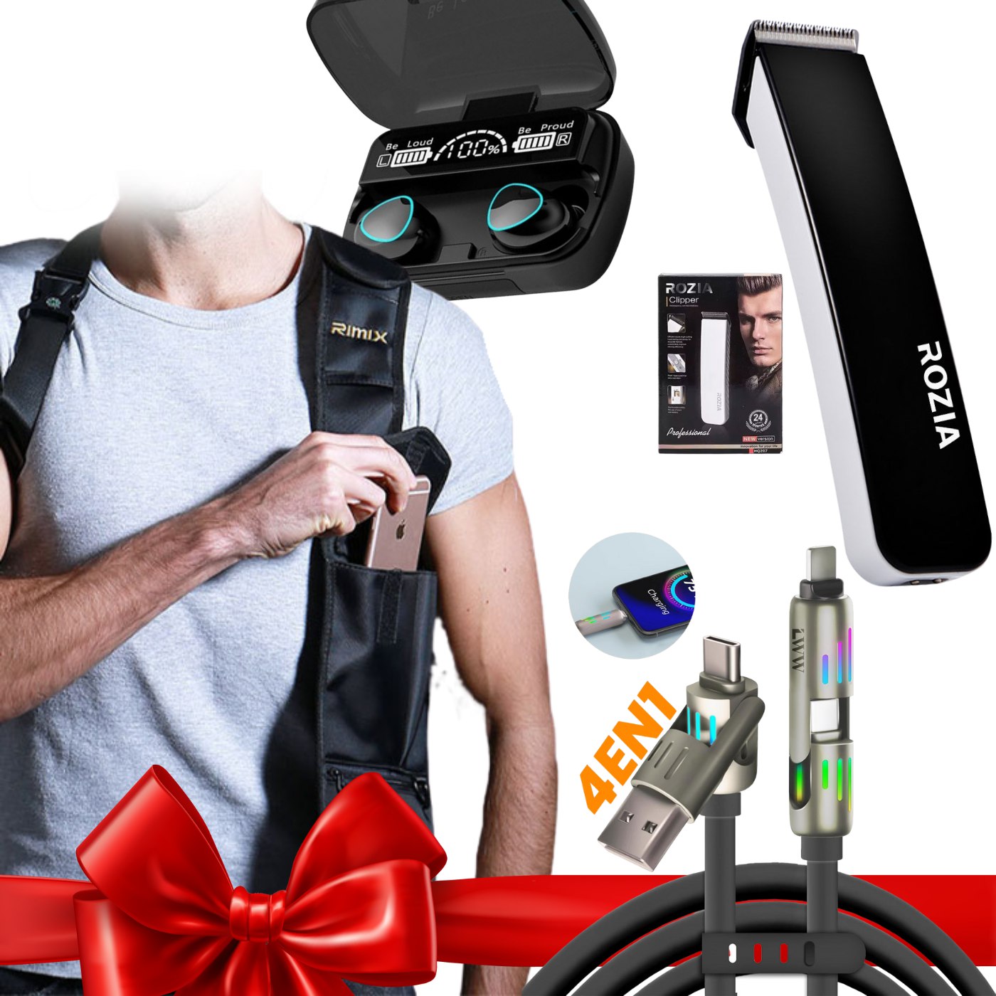 SUPER PACK 4 IN 1 طقم سماعات + ماكنة حلاقة + كابل شحن + صاكوشة - تنزوت