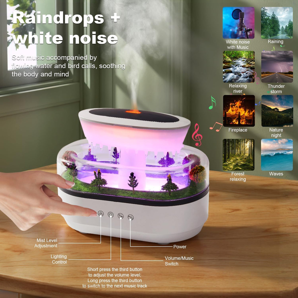 Humidificateur d'Air Effet Gouttes de Pluie et Diffuseur d'Huiles Essentielles - مرطب الهواء بتصميم قطرات المطر ونشر الزيوت العطرية