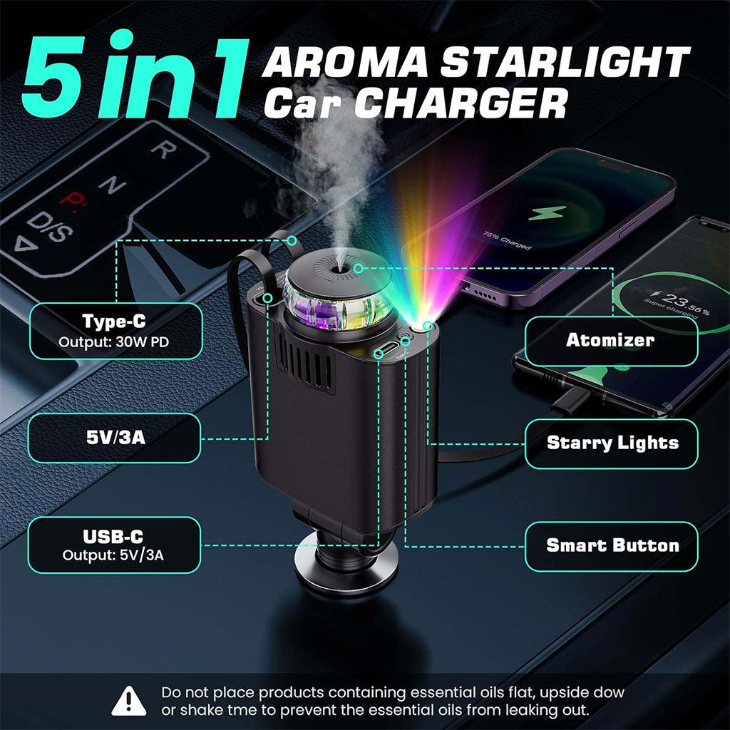 Chargeur voiture rétractable 5 en 1 avec aromathérapie et lumière des étoiles – شاحن سريع للسيارة مع معطر