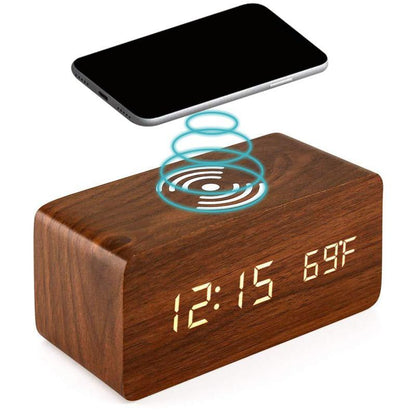 Réveil numérique de bureau en bois avec socle de charge sans fil Qi - تنزوت