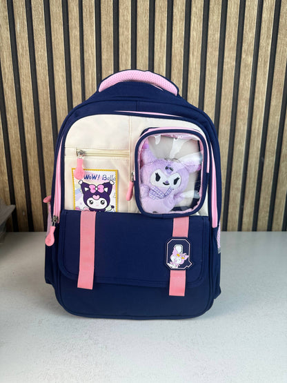 Sac à Dos Scolaire Style Kawaii Grand Volume avec Peluche Incluse Tissu Imperméable Bleu et Rose SACKDS04BLF - حقيبة مدرسية بتصميم كاوايي