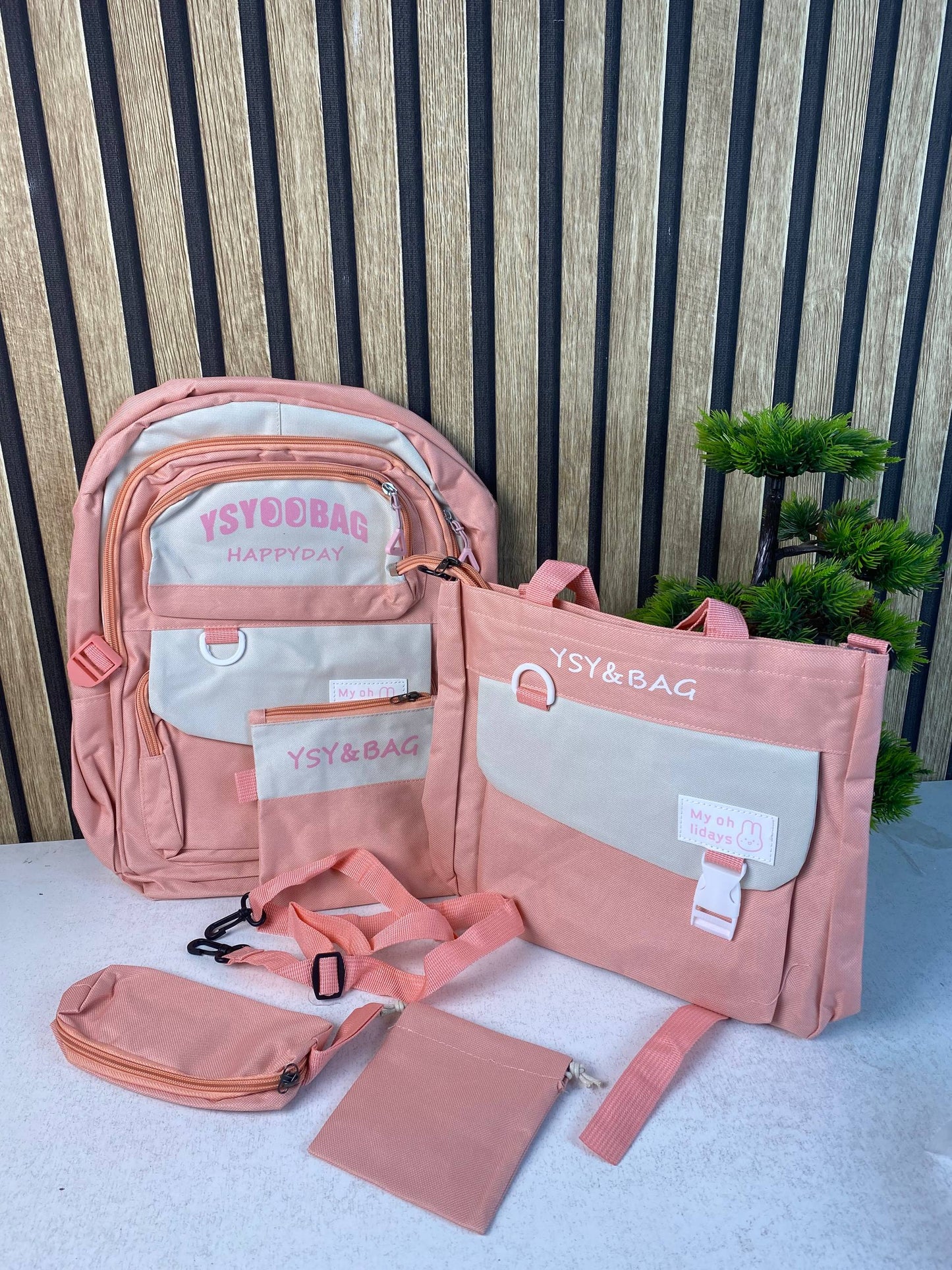 Sac à Dos Multifonctionnel Kawaii Grand Volume Imperméable et Résistant 5Pcs Rose SACKDS10RS - حقيبة ظهر بعدة قطع بتصميم كاوايي