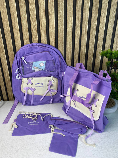 Sac à Dos Multifonctionnel Kawaii Grand Volume Imperméable et Résistant 5Pcs Mauve SACKDS11MV - حقيبة ظهر بعدة قطع بتصميم كاوايي