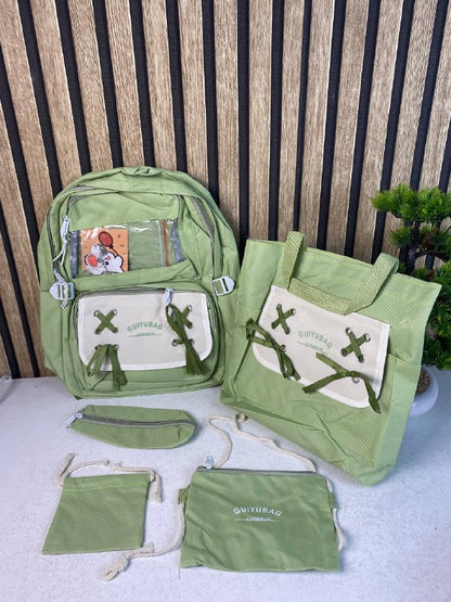 Sac à Dos Multifonctionnel Kawaii Grand Volume Imperméable et Résistant 5Pcs Vert SACKDS11VR - حقيبة ظهر بعدة قطع بتصميم كاوايي