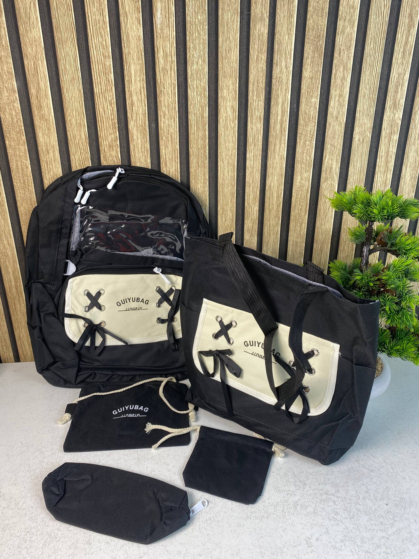 Sac à Dos Multifonctionnel Kawaii Grand Volume Imperméable et Résistant 5Pcs Noir SACKDS11N - حقيبة ظهر بعدة قطع بتصميم كاوايي