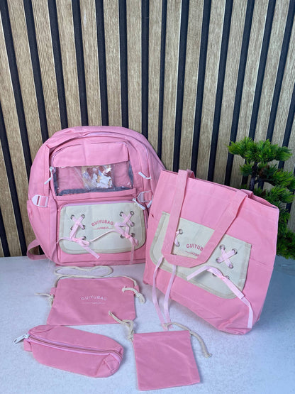 Sac à Dos Multifonctionnel Kawaii Grand Volume Imperméable et Résistant 5Pcs Rose SACKDS11RS - حقيبة ظهر بعدة قطع بتصميم كاوايي