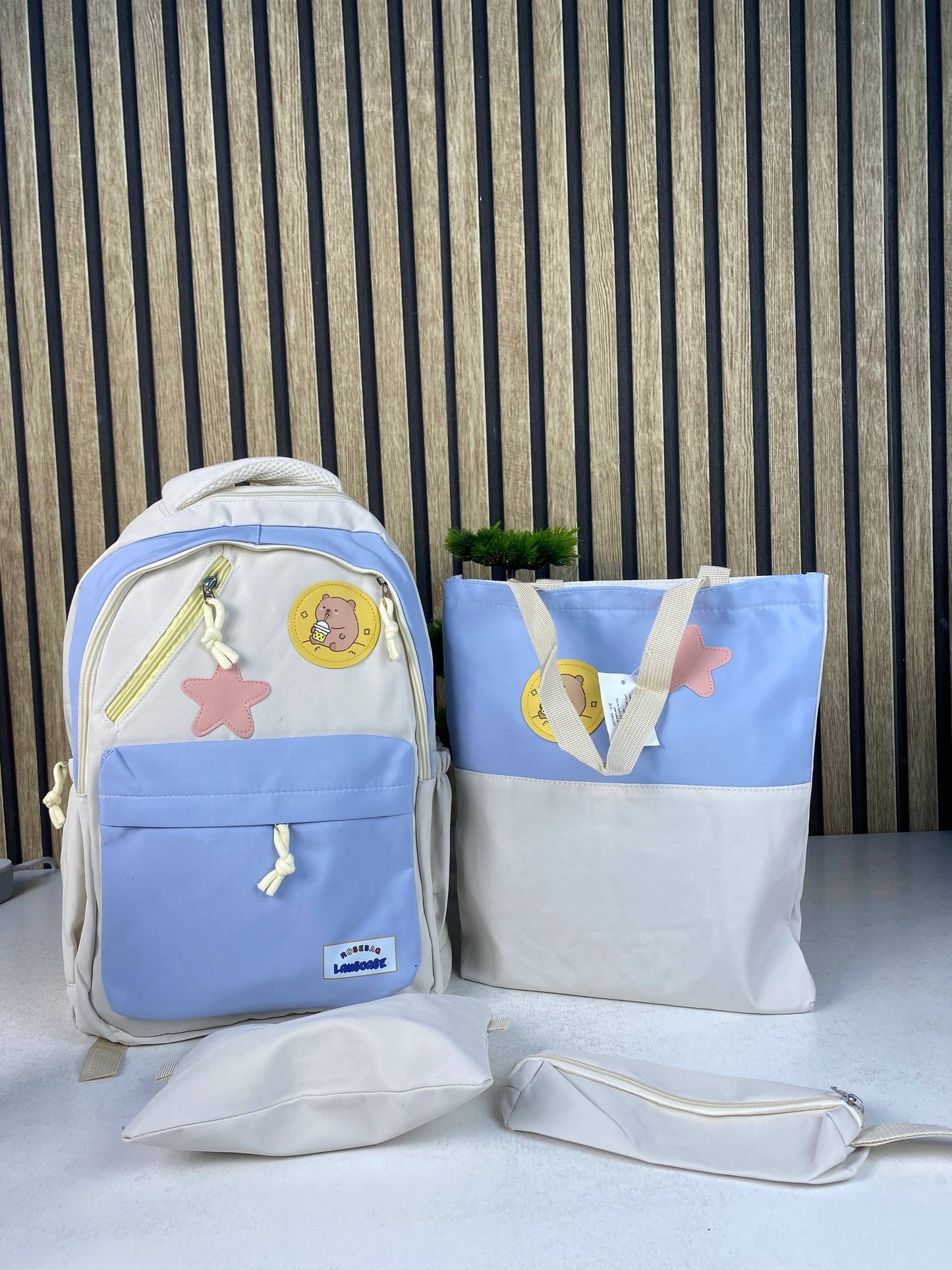 Sac à Dos Multifonctionnel Kawaii Grand Volume Imperméable et Résistant 4Pcs Bleu et Beige SACKDS02B - حقيبة ظهر بعدة قطع بتصميم كاوايي