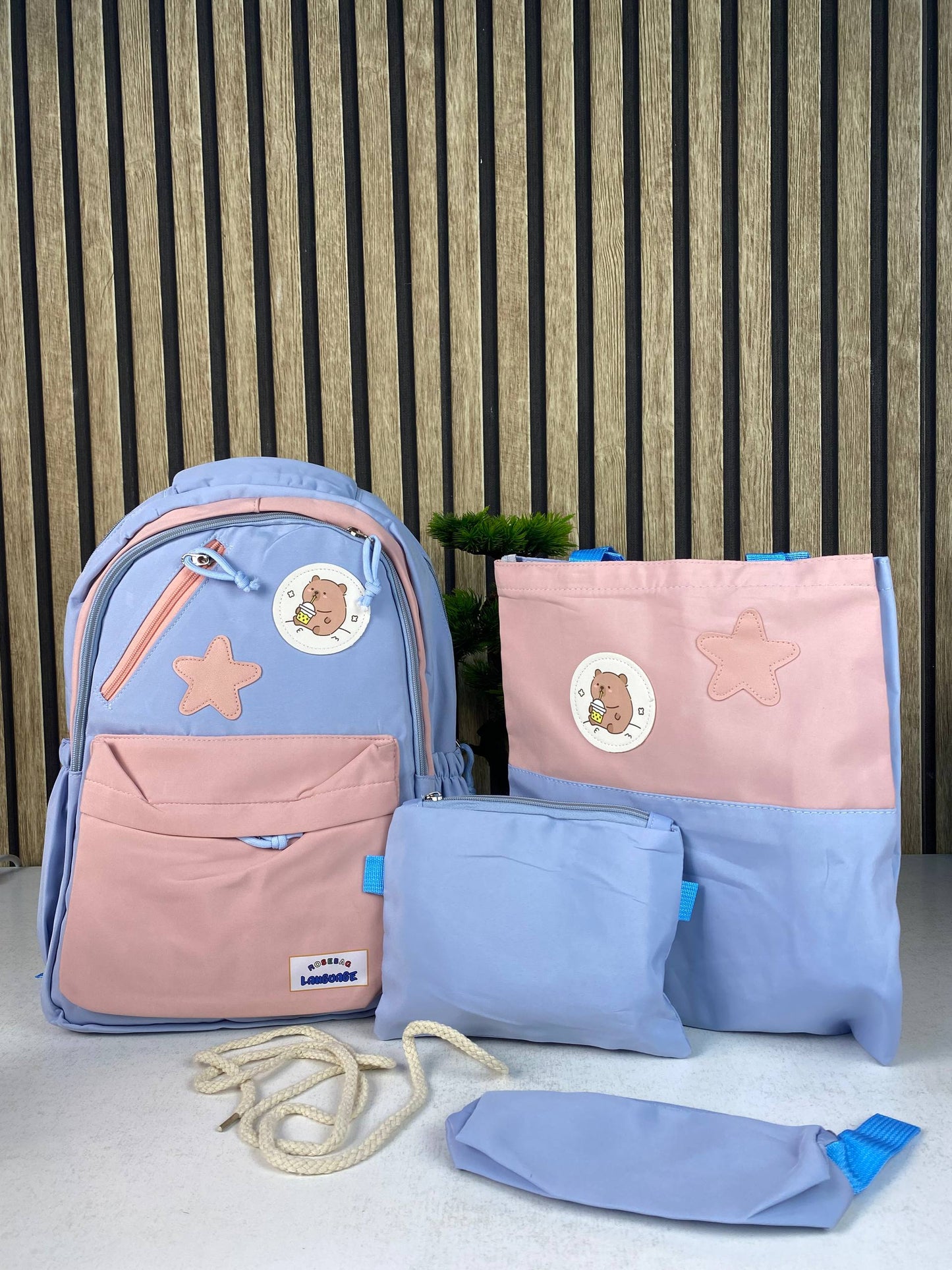 Sac à Dos Multifonctionnel Kawaii Grand Volume Imperméable et Résistant 4Pcs Bleu et Rose SACKDS02BRS - حقيبة ظهر بعدة قطع بتصميم كاوايي