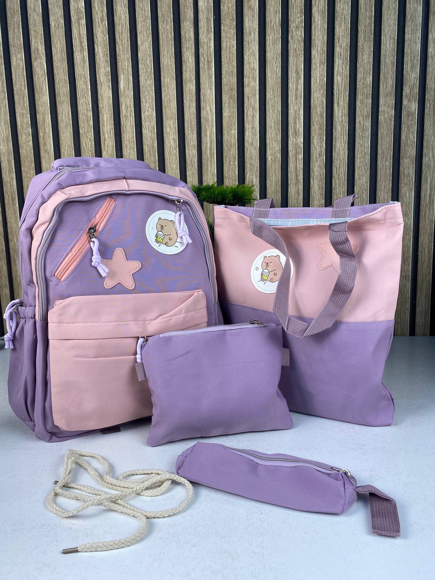 Sac à Dos Multifonctionnel Kawaii Grand Volume Imperméable et Résistant 4Pcs Mauve SACKDS02MV - حقيبة ظهر بعدة قطع بتصميم كاوايي