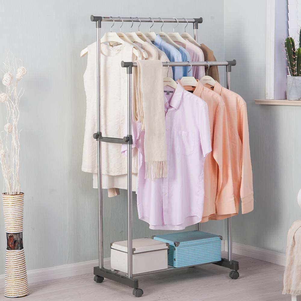 Penderie 2 Barre et porte-chaussures 2 en 1 en acier inoxydable تنزوت