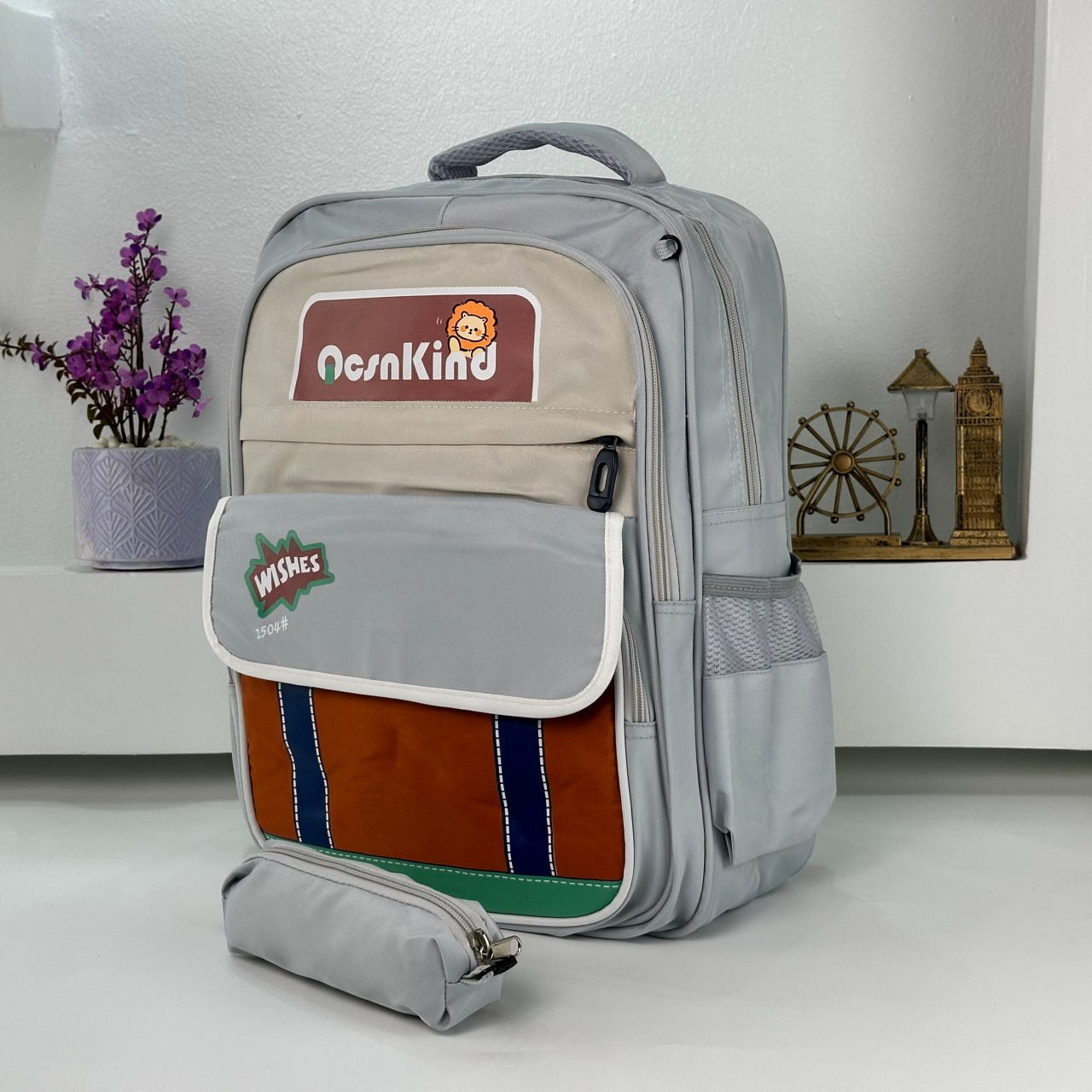 Sac à Dos pour Enfants avec Trousse Assortie 2504 Gris – حقيبة ظهر مدرسية للأطفال مع مقلمة رمادي