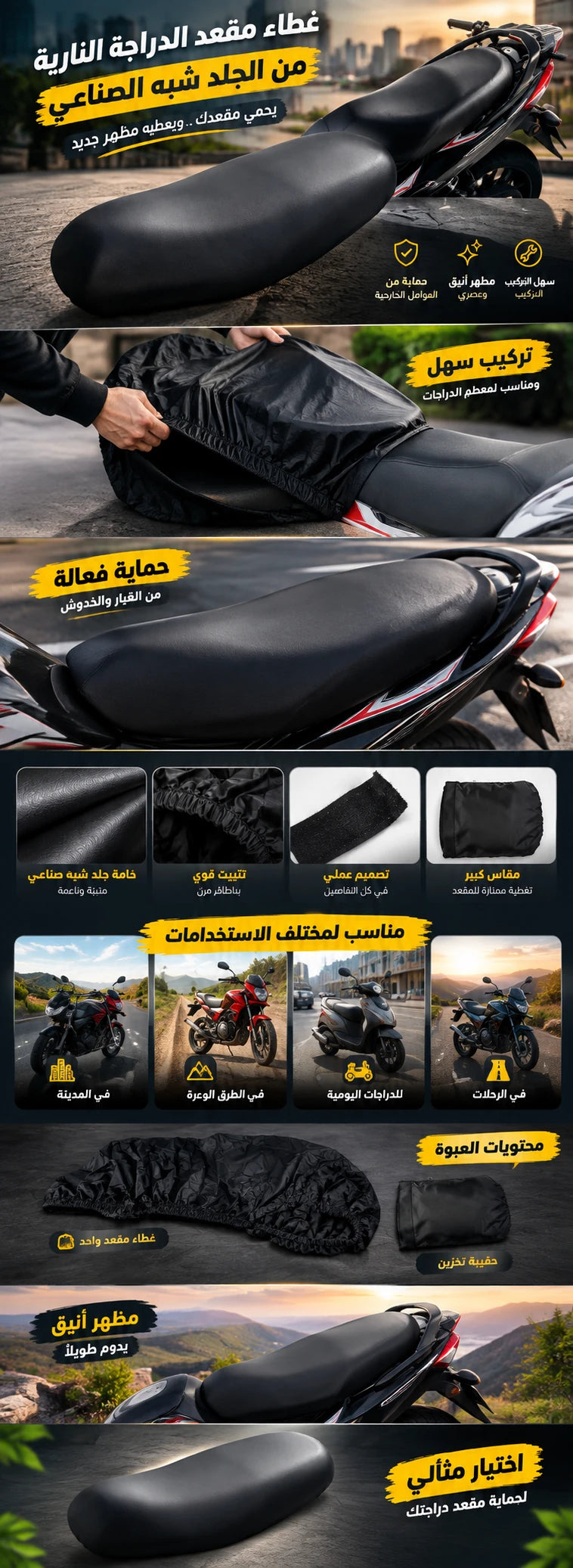 Housse de Selle Moto Universelle en Semi-Cuir – Grande Taille HOUSSE-MOTO-SC01 غطاء مقعد دراجة نارية عالمي من الجلد شبه الصناعي – مقاس كبير