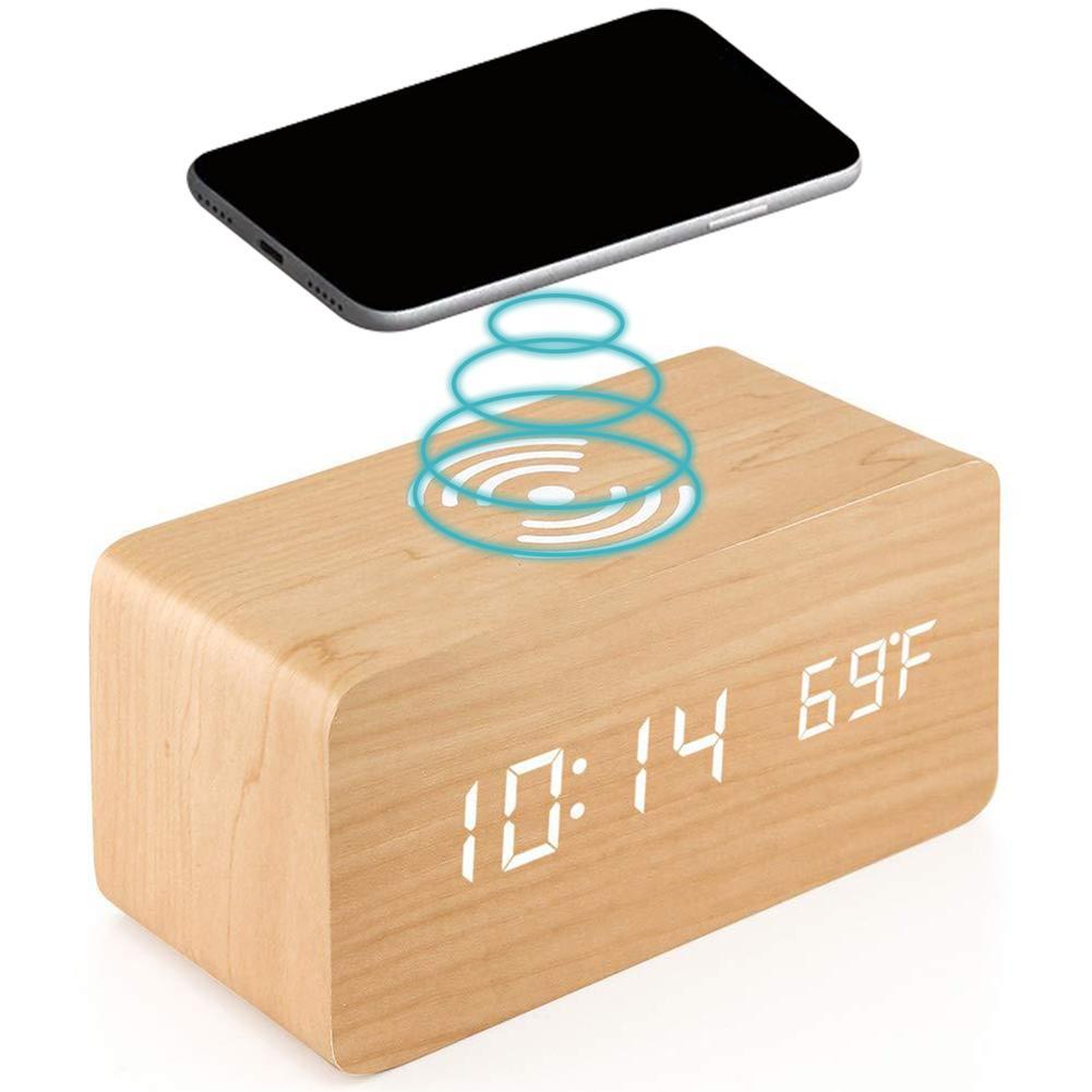 Réveil numérique de bureau en bois avec socle de charge sans fil Qi