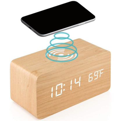 Réveil numérique de bureau en bois avec socle de charge sans fil Qi
