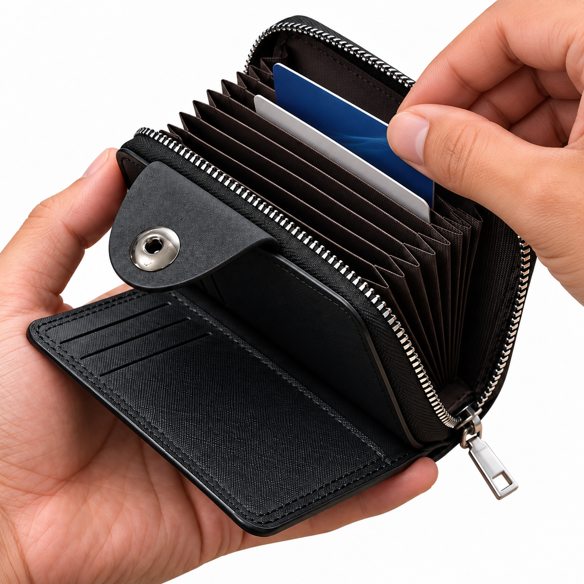 Portefeuille Porte-Cartes Sécurisé Zippé en Simili Cuir Bovi - محفظة وحاملة بطاقات جلدية متعددة الجيوب بسحاب