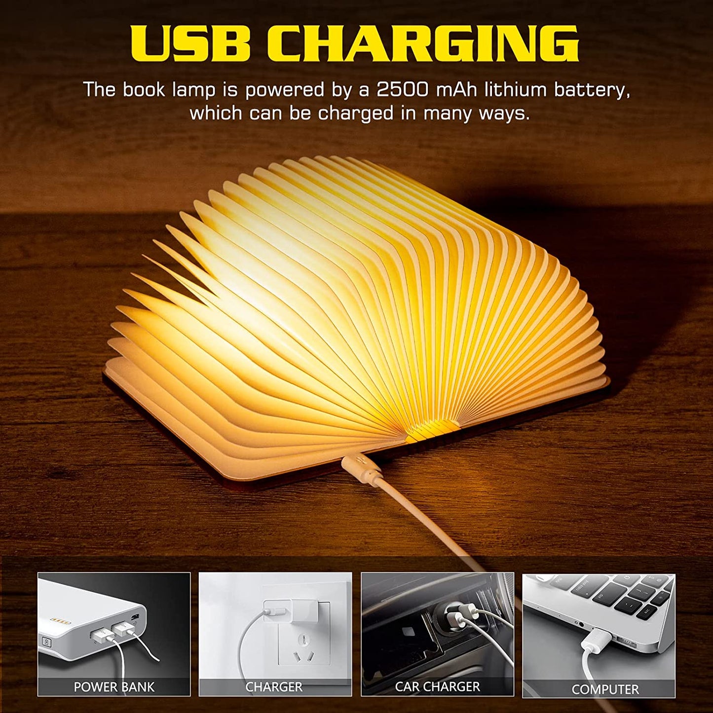 Livre lumineux LED pliable en bois 5 Modes d'éclairage rechargeable