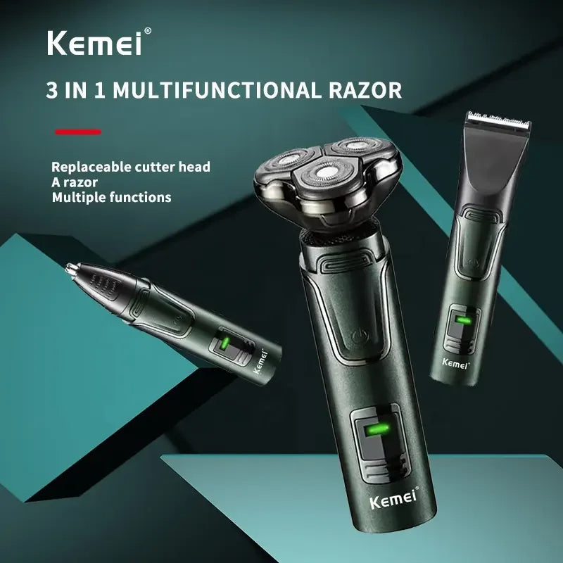 Kemei Rasoir Corps Complet Ipx7 Étanche Multifonctionnel Trois Tête Lames Flottant Poignées Amovible km-2808