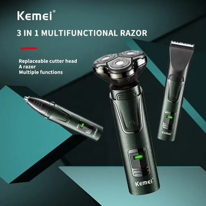 Kemei Rasoir Corps Complet Ipx7 Étanche Multifonctionnel Trois Tête Lames Flottant Poignées Amovible km-2808