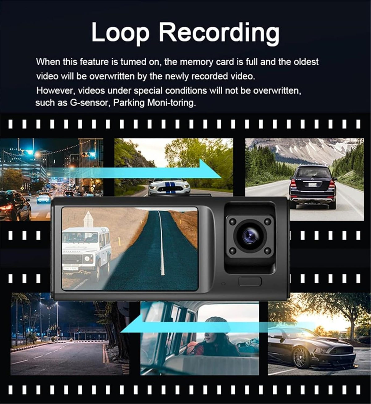 Caméra de Tableau de Bord Triple 3 Canaux et Dashcam Grand Angle - كاميرا سيارة داش كام ثلاثية العدسات للمراقبة الشاملة