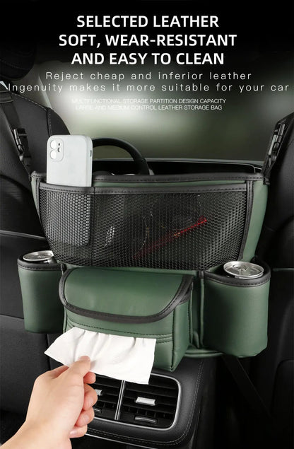 Sac de rangement en cuir pour siège de voiture, cintre central, sac à main automatique, support entre les sièges, poches pour gobelets à eau en tissu, évaluation de rangement