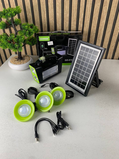 Kit Panneau Solaire portable avec Torche LED Rechargeable et 3 Lampes – طقم مصباح يعمل بالطاقة الشمسية