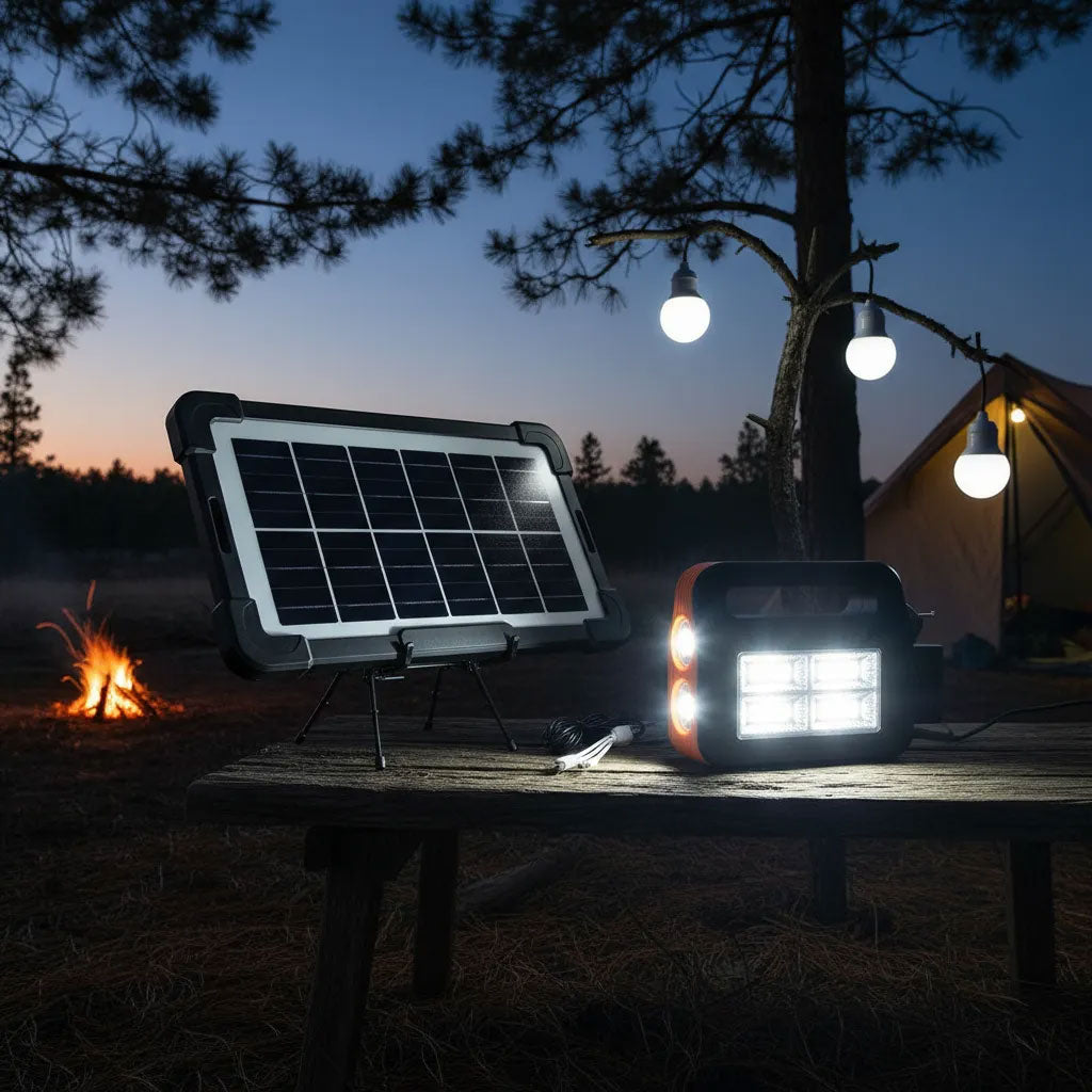 Kit Panneau Solaire portable avec Torche LED Rechargeable et 2 Lampes – طقم مصباح يعمل بالطاقة الشمسية