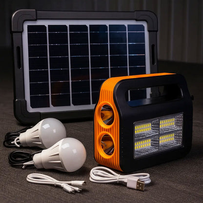 Kit Panneau Solaire portable avec Torche LED Rechargeable et 2 Lampes – طقم مصباح يعمل بالطاقة الشمسية