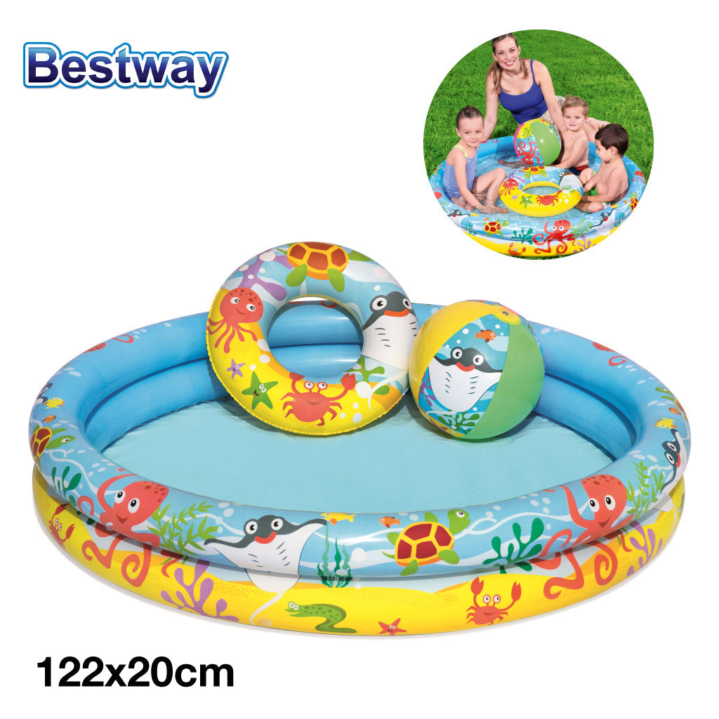 Piscine Ronde Gonflable Avec Bouée Et Ballon De Plage 122 x 20 cm Bestway #51124 تنزوت