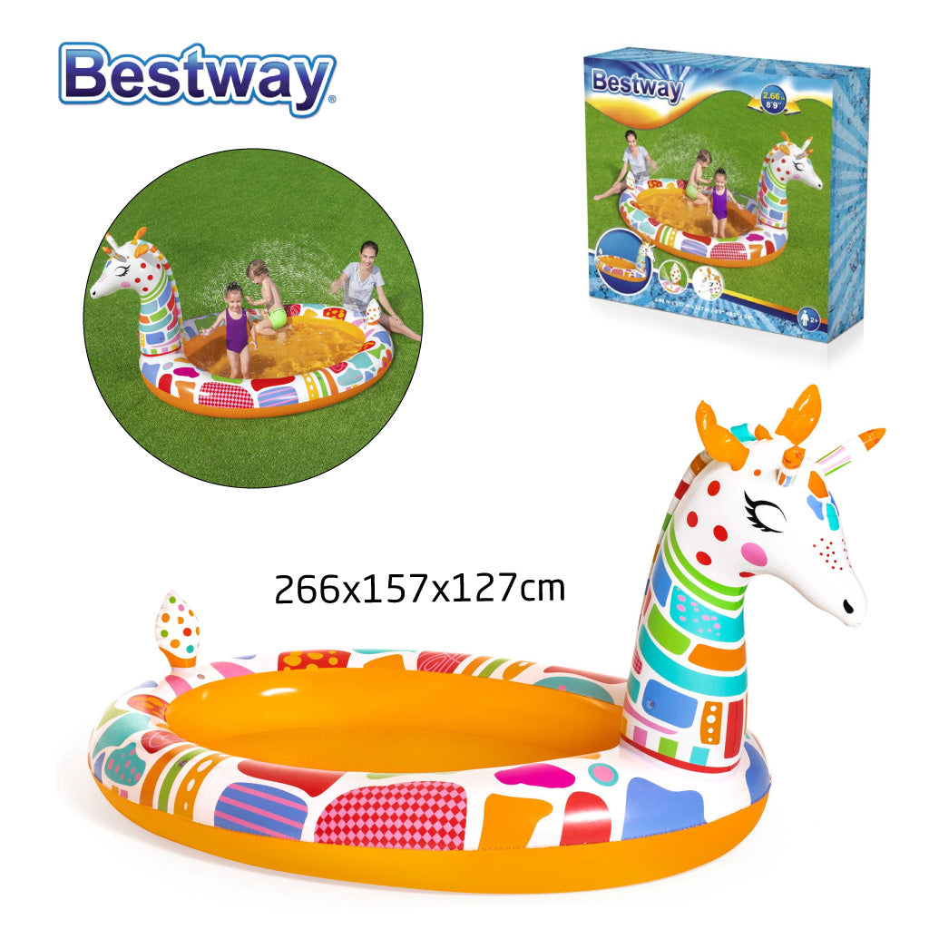 Piscine Rond Gonflable Giraffe Pour Enfants Avec Arroseur 266x157x127cm Bestway 53089