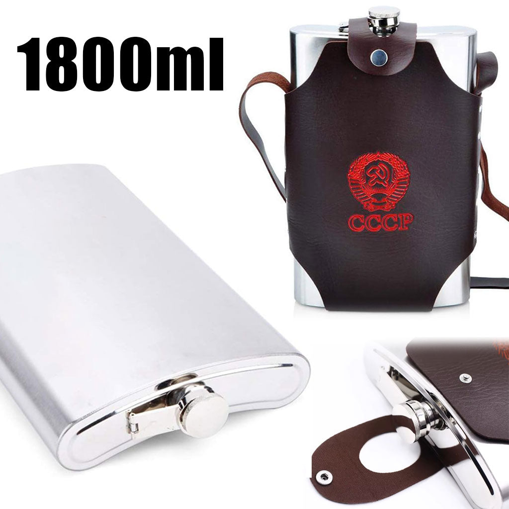 Flasque Métallique Portable 1800ml en Acier Inoxydable 18/8 avec Étui en Cuir pour Activités Extérieures تنزوت