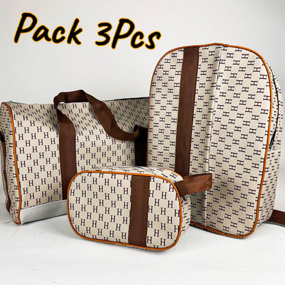 Pack 3Pcs Cabas Sac a Dos et Pochette en Tissue Imperméable Beige تنزوت