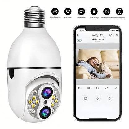 Caméra de Sécurité Ampoule à Double Objectif Suivi Automatique – كاميرة مراقبة بميزة التتبع الذاتي تنزوت