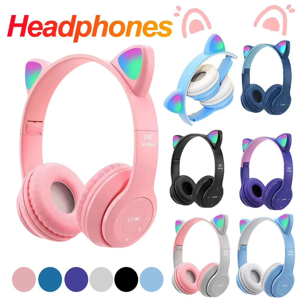 Casque Bluetooth sans fil avec oreilles de chat LED clignotantes P47M - تنزوت