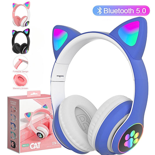 Casque stéréo Bluetooth sans fil oreilles de chat électroluminescents avec support carte TF - تنزوت