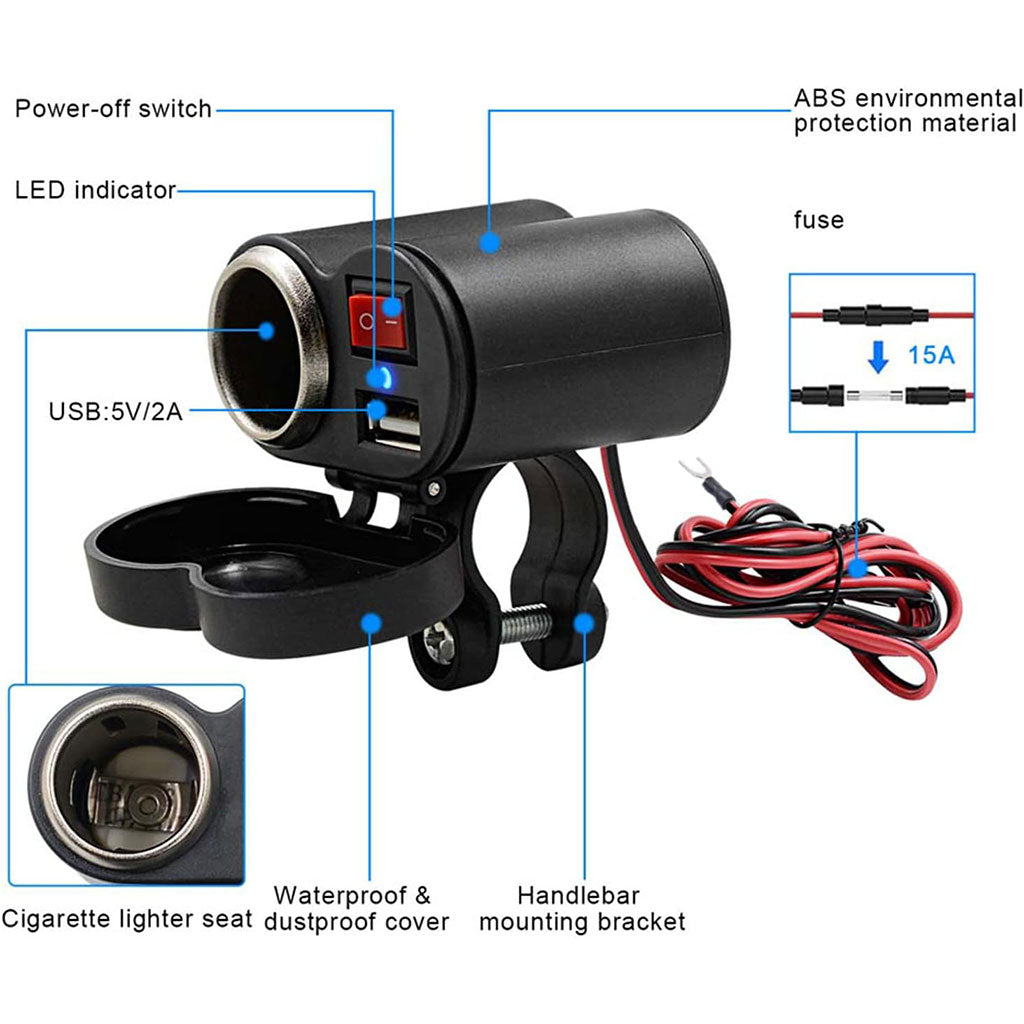 Chargeur USB 12 V pour guidon de moto avec prise allume-cig–are – مقبس طاقة لدرجات النارية