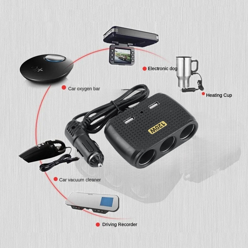 Chargeur de voiture avec 2 USB et 3 allume-cigare 5V