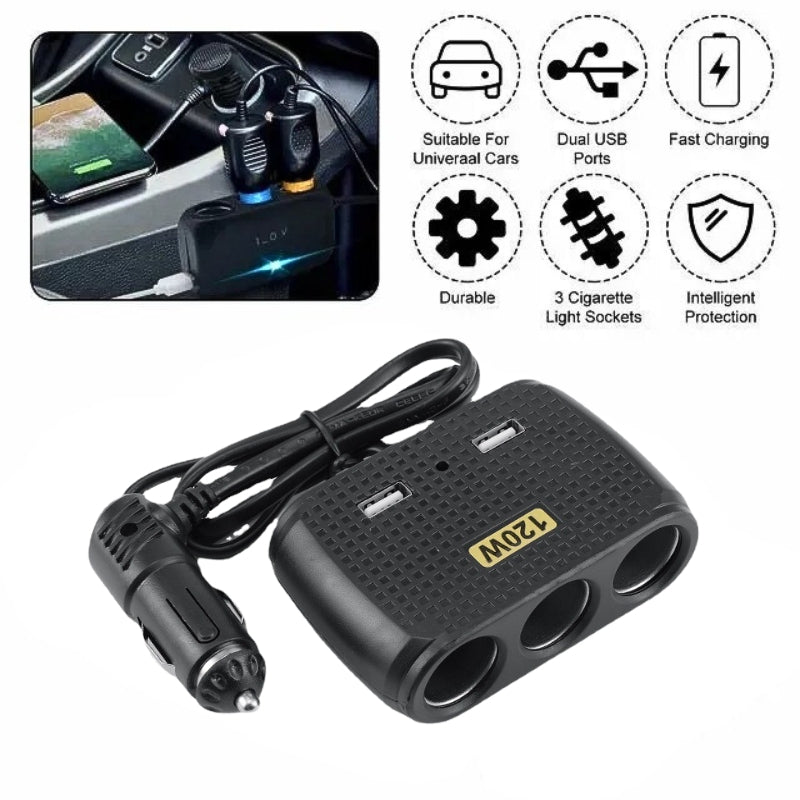 Chargeur de voiture avec 2 USB et 3 allume-cigare 5V تنزوت