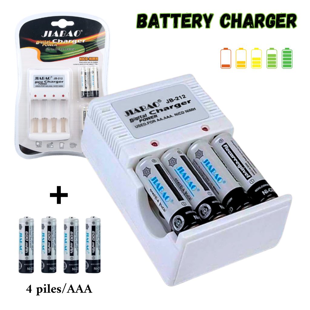 Chargeur des piles rechargable avec 4 piles Jiabao Jb-212 - شاحن البطاريات القابلة للشحن مع 4 بطاريات - تنزوت
