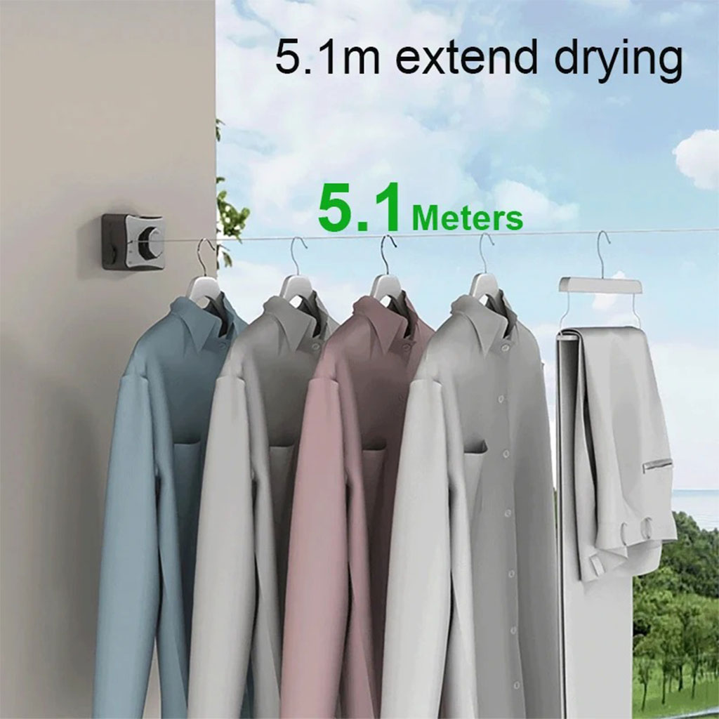 Corde à Linge Rétractable 5.1m en Acier Inoxydable Capacité 20KG – حبل غسيل قابل للسحب