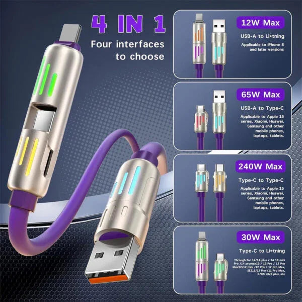 Câble de charge multifonction 4 en 1 USB C, A et Lightning 240W – كابل شحن متعدد الرؤوس