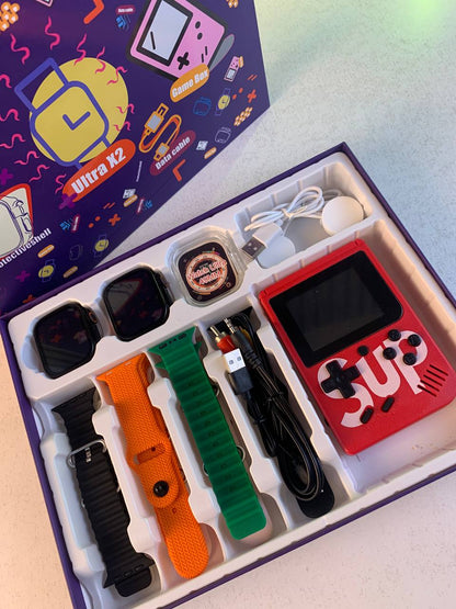 Pack 2 Smartwatch Ultra X2 avec 7 Bracelets et SUP Gamebox 400 Jeux – طقم ساعتين ذكيتين مع جهاز ألعاب كلاسيكية
