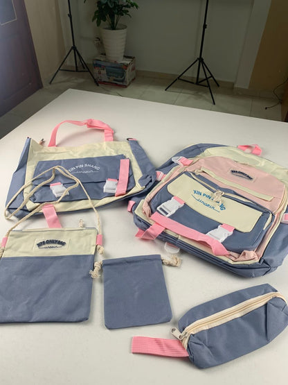 Ensemble de sacs d’école Kawai pour adolescents 5Pcs Xin Pin Shang Bleu – محفظة 5 قطع كاواي أزرق