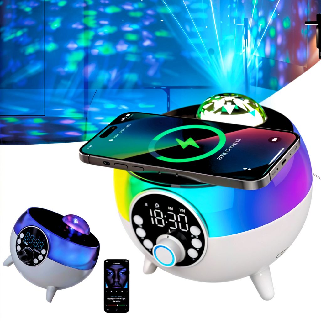Haut-Parleur et Réveil LED d’Ambiance avec Chargeur Sans Fil 15W تنزوت