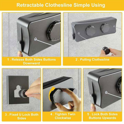 Double Corde à Linge Rétractable 2 x 5,1m en Acier Inoxydable Capacité 40KG – حبل غسيل مزدوج قابل للسحب