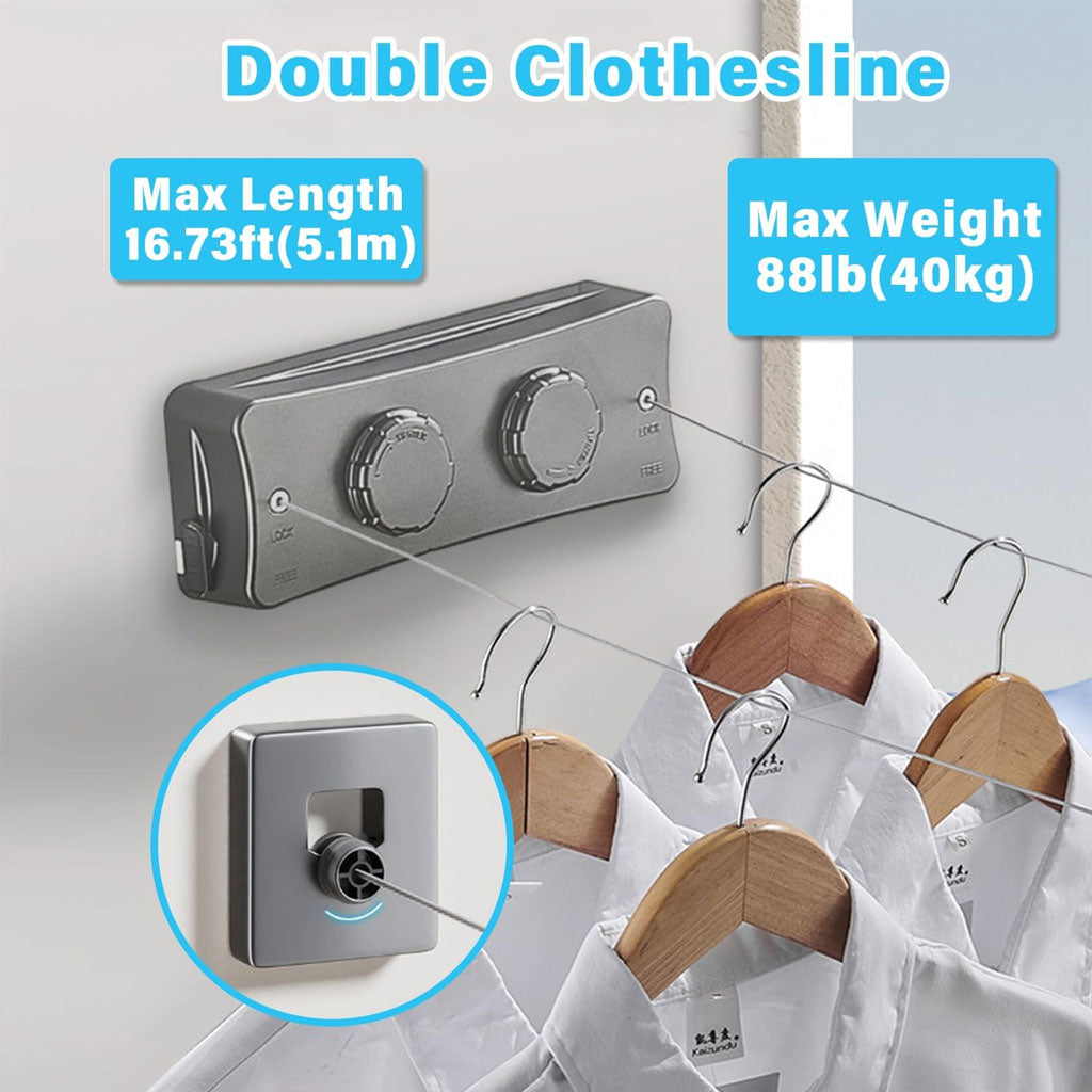 Double Corde à Linge Rétractable 2 x 5,1m en Acier Inoxydable Capacité 40KG – حبل غسيل مزدوج قابل للسحب