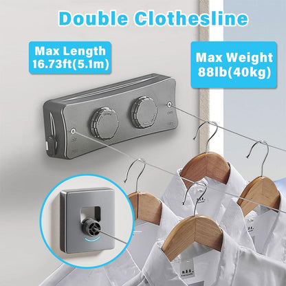 Double Corde à Linge Rétractable 2 x 5,1m en Acier Inoxydable Capacité 40KG – حبل غسيل مزدوج قابل للسحب